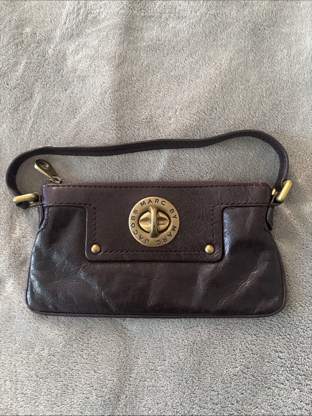 Marc by Marc Jacobs Dark Brown Leather Wristlet with Gold-Tone Turn Lock